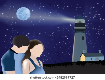 Romantic couple embracing under starry sky with lighthouse