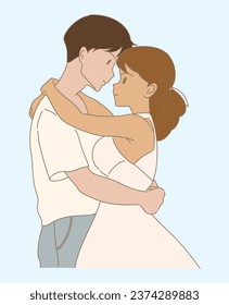 Romantic couple embracing. Wife hugging around neck husband. Boyfriend hugging girlfriend by the waist. Hand drawn flat cartoon character vector illustration.