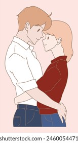 Romantic couple embracing. Wife hugging around waist husband. Boyfriend and girlfriend looking at each other. Hand drawn flat cartoon character vector illustration.