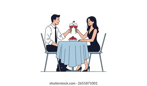 Casal romântico desfrutando jantar brindar copos de vinho celebra ocasião especial juntos