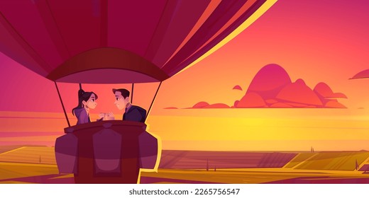 Pareja romántica disfrutando de un vuelo en globo aerostático sobre el paisaje de campo. Dibujo vectorial de un hombre feliz y una mujer enamorada tomándose de la mano y sonriendo en una cesta voladora, hermoso amanecer en el cielo