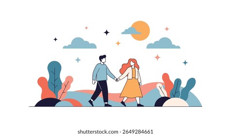 Um casal romântico Desfrutando de um passeio pacífico juntos sob um céu brilhante com nuvens e estrelas