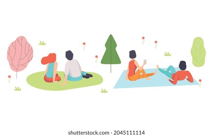 Romantic Couple Enjoying Picnic in Nature Sitting on Blanket Back View Vector Set