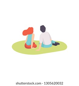 Romantic Couple Enjoying Picnic on Nature, Young Man and Woman Sitting on Grass, Back View Vector Illustration