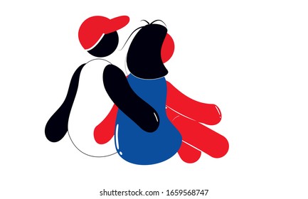 Romantic Couple Enjoying Picnic on Nature, Young Man and Woman Sitting , Back View Vector Illustration.Young people dating cartoon characters. Loving pair romantic relationship.