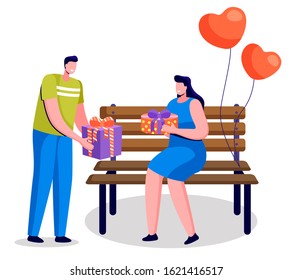 Romantic couple exchanging presents on anniversary. People celebrating St Valentines day together. Boyfriend and girlfriend with gifts in boxes. Lady sitting on bench with heart-shaped balloons vector