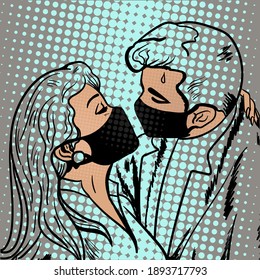 Romantic Couple In The Face Masks In Retro Pop Art Style. Hand-drawn Vector Illustration.