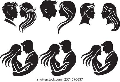 Romantic Couple Face Silhouette Set. Timeless Expressions of Love.