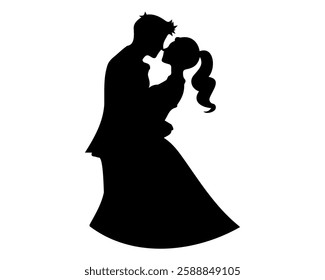 Romantic couple facing each other embracing and dancing. Vector silhouette.