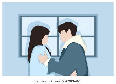Romantic couple, facing each other near the window of the house, suitable for background, wall decoration, frame.