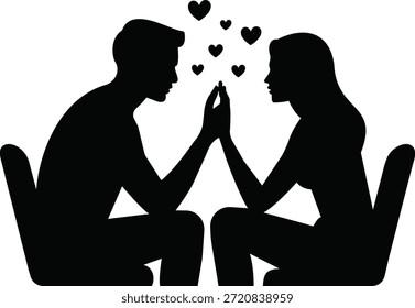 Pareja romántica frente a frente con símbolos del corazón - Ilustración de la silueta del amor