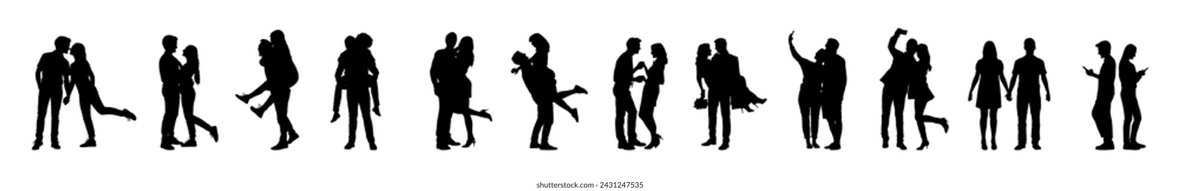 Romantic couple fall in love in various poses isolated on white background vector silhouettes set.	