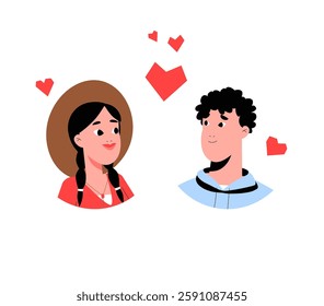 Romantic Couple Falling In Love With Floating Hearts In Flat Vector Illustration Symbolizing Affection, Attraction, And Relationship Bond, Isolated On White Background