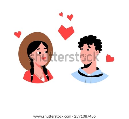 Romantic Couple Falling In Love With Floating Hearts In Flat Vector Illustration Symbolizing Affection, Attraction, And Relationship Bond, Isolated On White Background