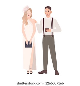 Romantic couple in fashionable evening outfits standing together isolated on white background. Stylish man and woman dressed for party, ball or formal event. Flat cartoon vector illustration.
