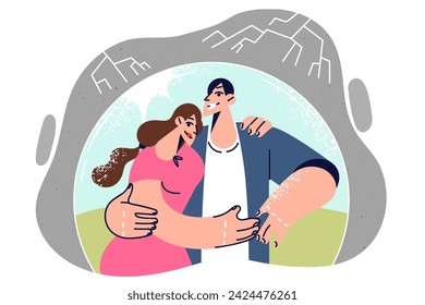 Romantic couple feels protected by having loved one nearby, located in protective bubble. Couple of man and woman is fenced off from harmful effects of environment due to romantic feelings