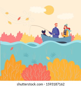 Romantic couple fishing boat in autumn, vector illustration. Boyfriend and girlfriend cartoon characters spending time together in nature. Fishing hobby, romantic leisure, young couple with a dog