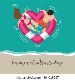Romantic couple in a Floating heart shaped life buoy at the beach. EPS 10 vector