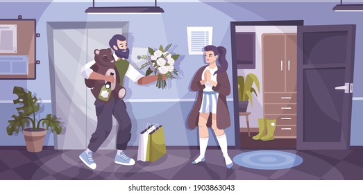 Romantic couple flower flat composition man came to visit his girlfriend and gives a soft toy and a bouquet vector illustration