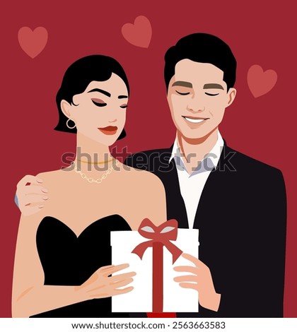 Romantic couple in formal evening wear with a gift box, hearts, and roses in the background. Ideal for Valentine’s Day, anniversaries, and love-themed celebrations.