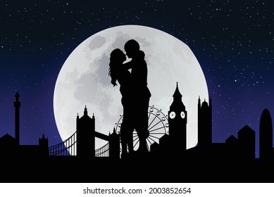 Romantic couple in front of Paris city skyline under moon light in night icon logo design template vector
