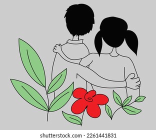 A Romantic Couple in a Garden with Clouds in the Shape of Love. A Man who Gives a Rose to His Lover on a Dark Background. Valentine’s Day. 