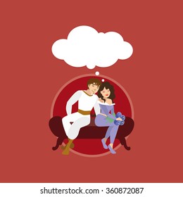 romantic couple. give flowers. happy couple sitting on a bench.  fairy tale