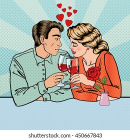 Romantic Couple with Glasses of Wine in Restaurant. Pop Art. Vector illustration