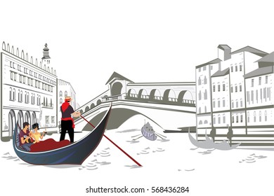 Romantic couple in the gondola travels along the  Grand Canal in Venice.