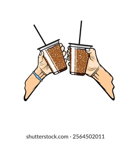 romantic couple hand cheers chocolate drink glass vector illustration