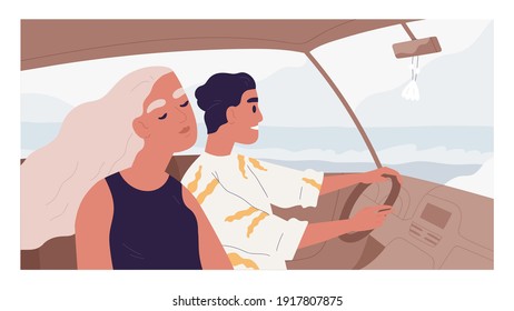 Romantic couple of happy people inside car. Friends enjoying road trip on summer holiday. Side view of woman and man driving auto and traveling to sea on vacation. Colored flat vector illustration.