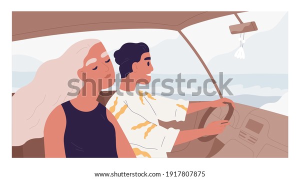 Romantic couple of happy people inside car.\
Friends enjoying road trip on summer holiday. Side view of woman\
and man driving auto and traveling to sea on vacation. Colored flat\
vector illustration.