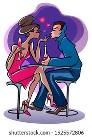 Romantic couple, having a date in French café in Valentine’s day. Woman in red dress and man in jeans costume. Drinking wine. Blowing a kiss, hearts flying. Colorful fashion stock illustration.