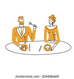 Romantic couple having dinner at the restaurant on valentine day. Couple dating concept. Color doodle vector illustration. Elegant Man and woman having a lunch.