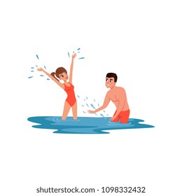 Romantic couple having fun in the sea, man and woman on vacation at beach resort vector Illustration on a white background