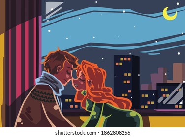 A Romantic couple having a good time together in their room beside window at night with starry sky flat vector illustration. Sweet love makes winter warm. Happy Valentine's Day