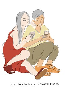The romantic couple are having an intimate relationship and use cell phone on white backgound.
