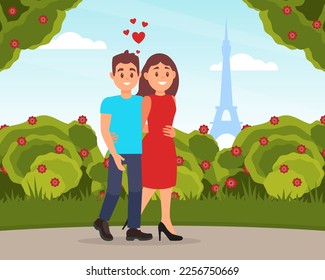 Romantic couple having journey and sightseeing in Paris. Happy loving couple having in park, red hearts flying over them cartoon vector