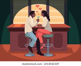 Una pareja romántica tomando una copa en el bar. Amantes de las citas. Bebida de cóctel de alcohol. Relación de hombre y mujer. Gente sentada en el mostrador. Novia y encuentro de novio. Concepto de vector