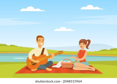 Romantic Couple Having Picnic Sitting on Blanket with Hamper Playing Guitar Vector Illustration