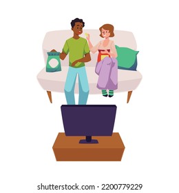 Romantic couple having a snack at home during watching TV, flat cartoon vector illustration isolated on white background. Fast snack and light meal at home.