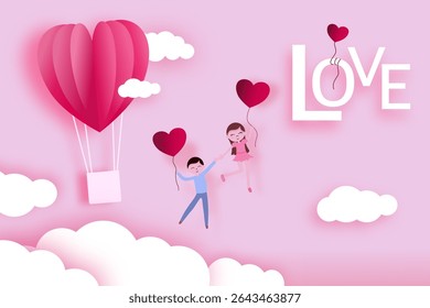 Romantic Couple with Heart Hot Air Balloon and Floating Hearts - Love Concept.
The word "LOVE" is prominently displayed. This sweet and endearing image is perfect for themes of Valentine's Day