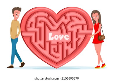 Romantic couple and heart with labyrinth on white background.