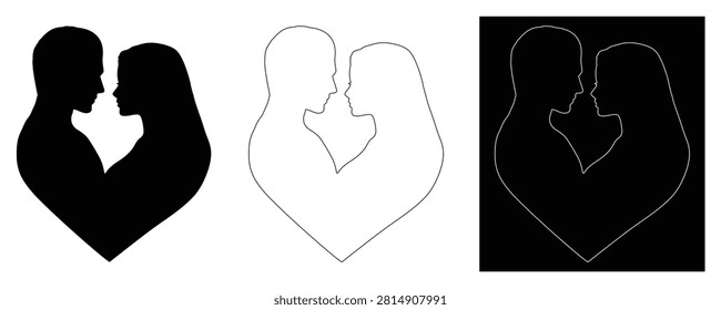 Romantic Couple Heart Silhouette Vector Set with Outline and Inverted Love Design