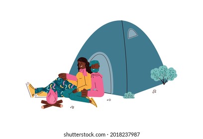 Romantic couple of hikers or tourists, backpackers sitting and resting near campfire at campsite, flat cartoon vector illustration isolated on white background.