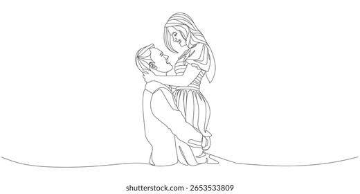 Casal romântico em traje histórico abraçando - Uma linha desenhando ilustração