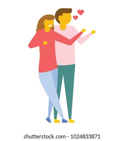 Romantic couple hold each other and pointing at the sky 