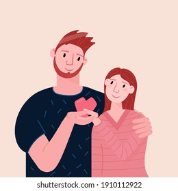 Romantic couple hold heart. Portrait of Man and woman hugging on dating. Valentine's day greeting card with warm cuddling.