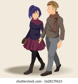 Romantic couple hold thier hands and walking. Flat modern illustration.