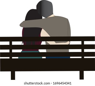 Romantic couple holding each other and sitting on a bench vector illustration